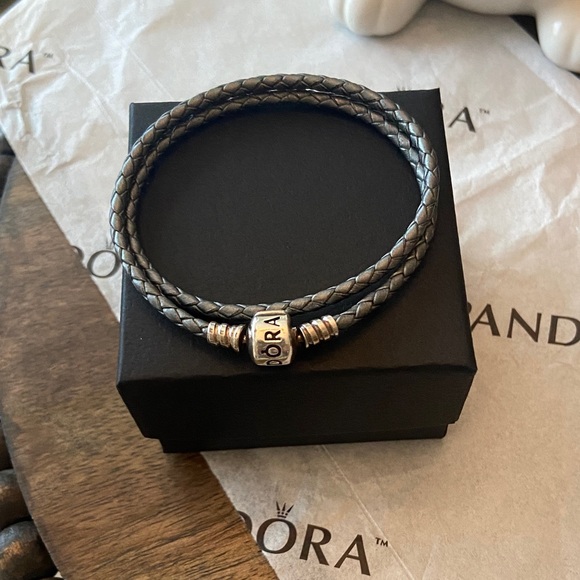 Pandora Jewelry - Pandora Double Braided Gray Leather Bracelet with Silver Accents